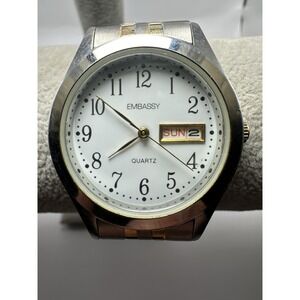Embassy GEM9090M Mens New Battery 36MM 6.75" Stretch Band Watch Day/Date Q